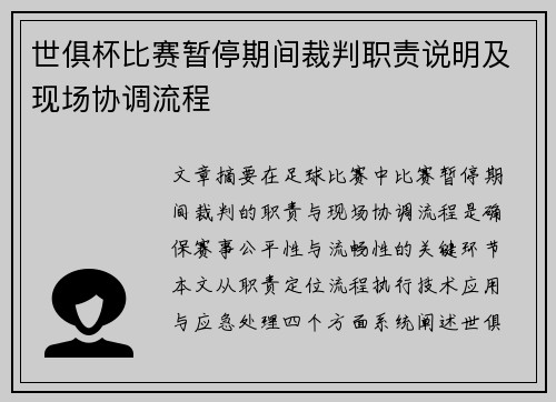 世俱杯比赛暂停期间裁判职责说明及现场协调流程